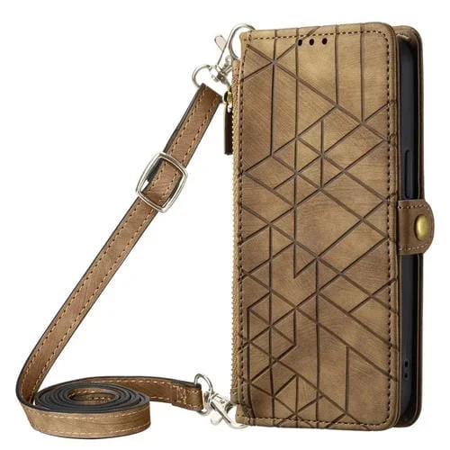 Funda para teléfono iPhone 13 Pro Max de cuero con hebilla lateral y billetera con cremallera geométrica y cordón cruzado (Marrón)