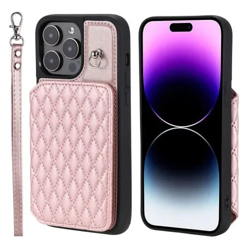Funda para teléfono iPhone 13 Pro Max Grid Texture Card Bag con cordón (Oro Rosa)