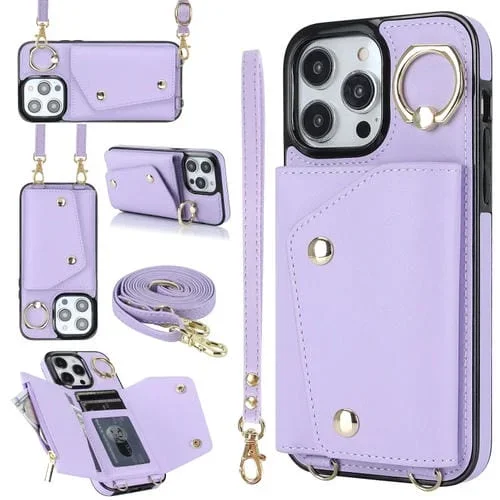 Funda para Teléfono iPhone 13 Pro Max Zipper Card Bag con Doble Cordón (Púrpura)