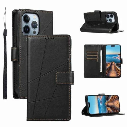 Funda para Teléfono iPhone 13 Pro PU con Línea en Relieve y Textura de Cuero Genuino (Negro)