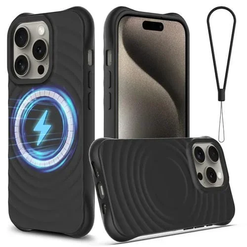 Funda para Teléfono iPhone 13 Pro Wave Texture Magsafe Silicona Líquida Magnética (Negro)