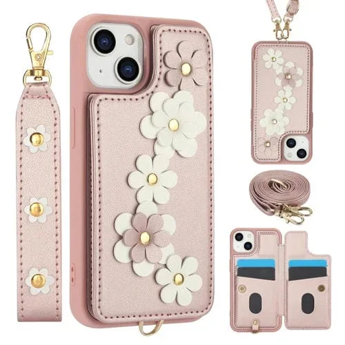 Funda para Teléfono iPhone 14/13 Cuero Estampado Flores Cruzadas (Oro Rosa)