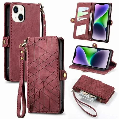 Funda para Teléfono iPhone 14 Cartera con Cremallera Geométrica y Hebilla Lateral Cuero (Rojo)