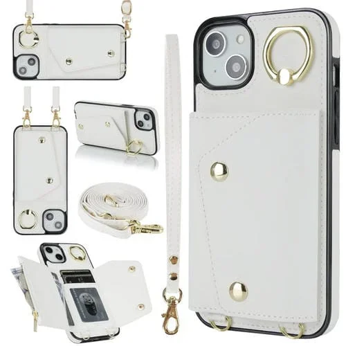 Funda para Teléfono iPhone 14 con Bolsa de Tarjeta con Cremallera y Doble Cordón (Blanco)