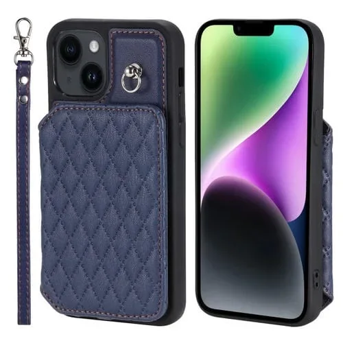 Funda para Teléfono iPhone 14 con Bolsa para Tarjetas Textura de Rejilla y Cordón (Azul)