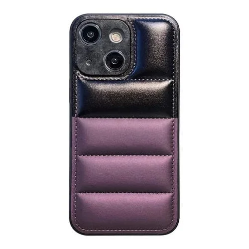 Funda para Teléfono iPhone 14 con Chaqueta de Plumón Bloques de Color (Negro Morado)