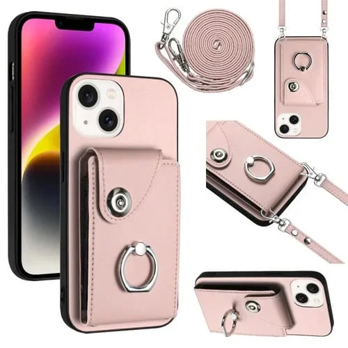 Funda para Teléfono iPhone 14 con Soporte para Anillo y Bolsa para Tarjeta con Cordón Largo (Rosa)