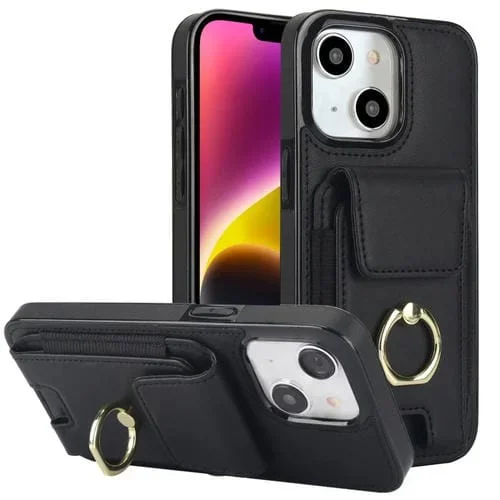 Funda para Teléfono iPhone 14 con Soporte para Anillo y Bolsa para Tarjetas (Negro)