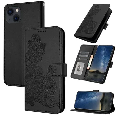 Funda para Teléfono iPhone 14 Cuero con Tapa en Relieve Flores Datura (Negro)