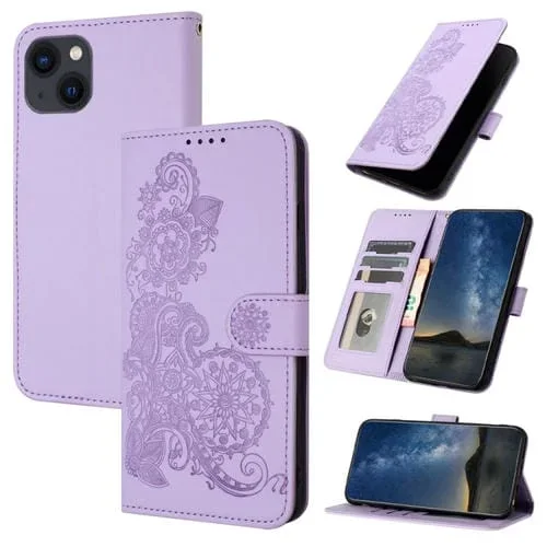 Funda para Teléfono iPhone 14 Cuero con Tapa En Relieve Flores Datura (Púrpura)