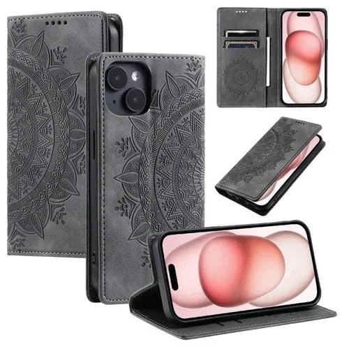 Funda para Teléfono iPhone 14 Cuero Magnético con Relieve Totem (Gris)