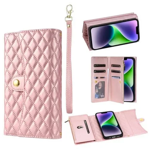 Funda para Teléfono iPhone 14 Cuero Rómbico con Billetera MultiTarjeta y Cremallera (Oro Rosa)