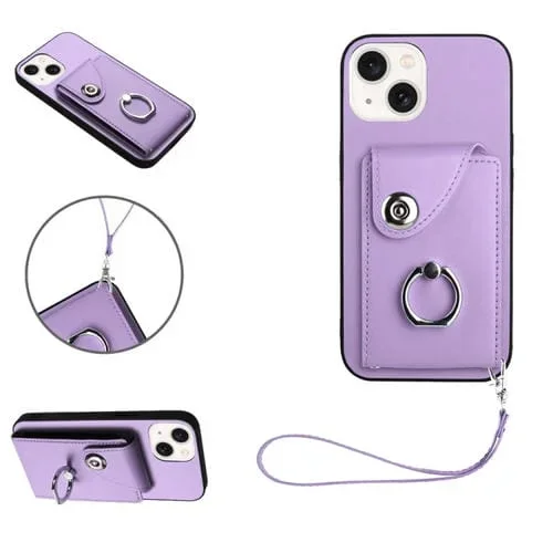 Funda para Teléfono iPhone 14 de PU con Soporte para Anillo y Bolsa para Tarjeta con Cordón (Púrpura)