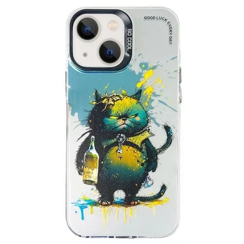 Funda para Teléfono iPhone 14 Doble Capa Serie Plateada Pintura al Óleo Animal (Gato Enojado)