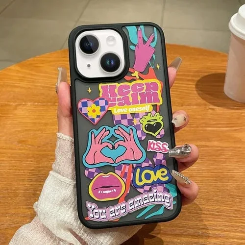 Funda para Teléfono iPhone 14 Noctilucente con Graffiti Corazón