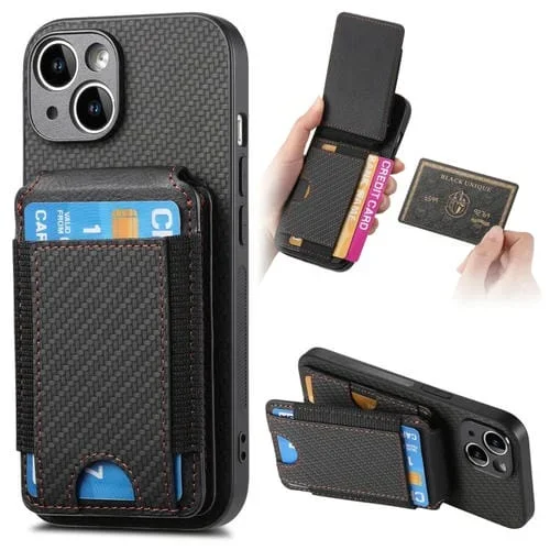Funda para teléfono iPhone 14 Plus con soporte y billetera con tapa vertical de fibra de carbono (Negro)