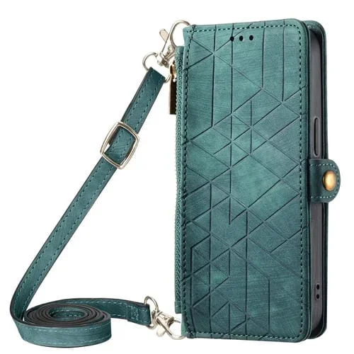 Funda para Teléfono iPhone 14 Plus Cuero con Hebilla Lateral y Billetera con Cremallera Geométrica y Cordón Cruzado (Verde)