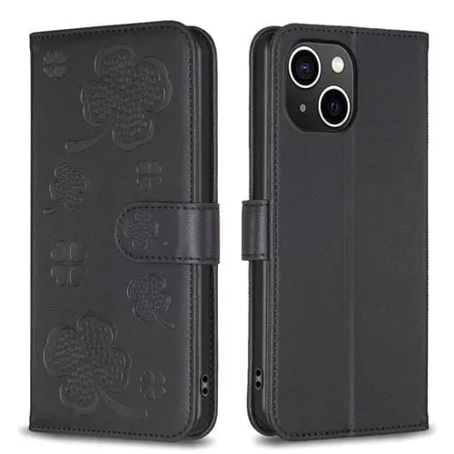 Funda para Teléfono iPhone 14 Plus Cuero Relieve Cuatro Hojas (Negro)