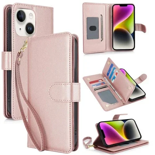 Funda para Teléfono iPhone 14 Plus Cuero Rfid Billetera MultiTarjeta (Oro Rosa)