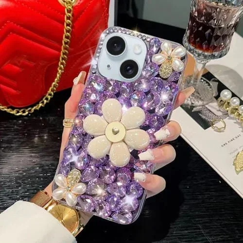 Funda para Teléfono iPhone 14 Plus Forma de Girasol y Diamante Colocada a Mano (Púrpura)
