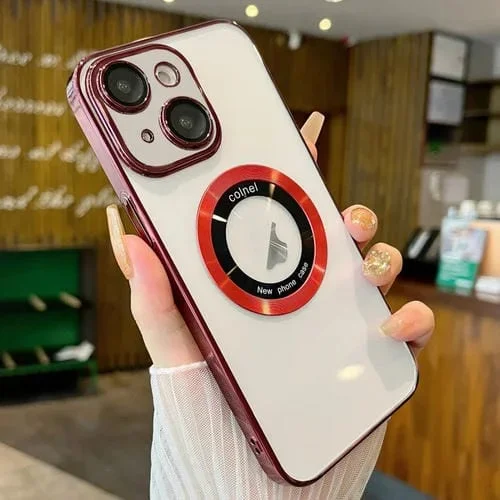 Funda para Teléfono iPhone 14 Plus Magsafe PC Galvanizada Transparente (Rojo Vino)