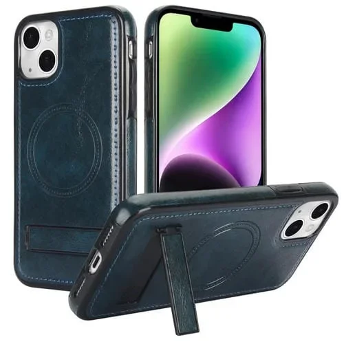 Funda para Teléfono iPhone 14 Plus Magsafe Soporte Invisible Cuero Retro (Azul)