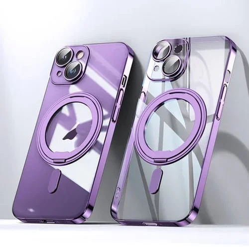 Funda para Teléfono iPhone 14 Plus Plating PC 360 Ring Holder Magsafe (Púrpura Transparente)