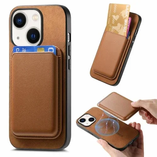 Funda para Teléfono iPhone 14 Plus Retro Magsafe Card Bag PU con Contraportada (Marrón)