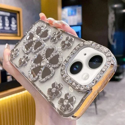 Funda para Teléfono iPhone 14 Plus TPU con Diamantes y Flores Galvanoplastia (Plata)