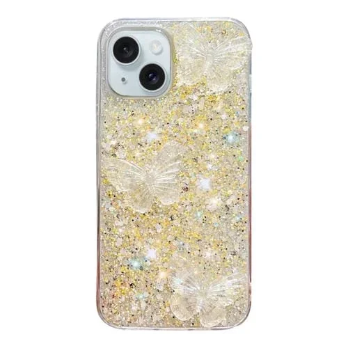 Funda para Teléfono iPhone 14 Plus TPU Epoxi Mariposas Cristal Lentejuelas Estrelladas (Amarillo)