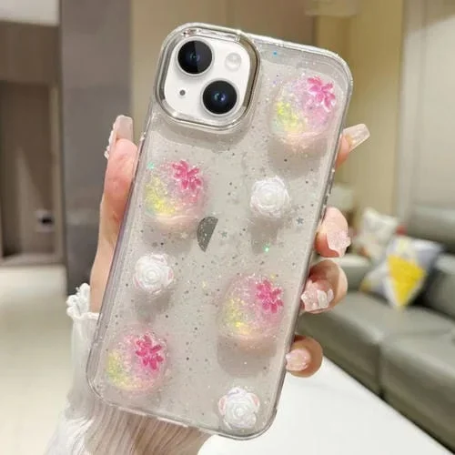 Funda para Teléfono iPhone 14 Plus TPU Epoxi Purpurina Floral 3D (Fresa Rosa)