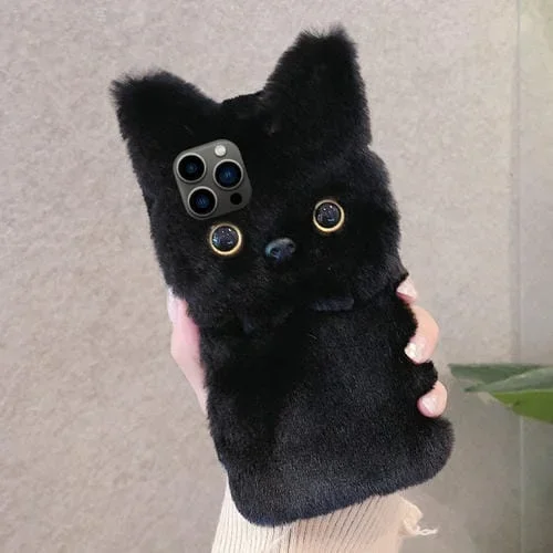 Funda para teléfono iPhone 14 Pro cobertura total 3D diseño gato peluche (Negra)