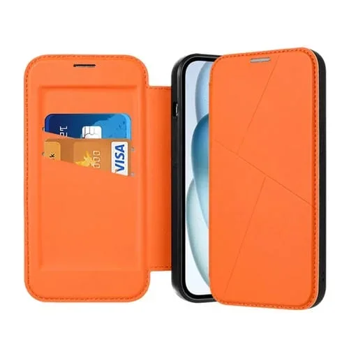 Funda para teléfono iPhone 14 Pro Magnetic Armor Series Cuero con Ranuras para Tarjetas Rfid (Naranja)