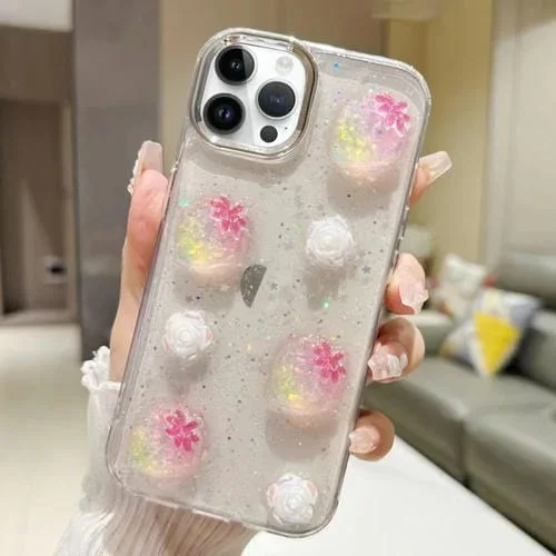 Funda para Teléfono iPhone 14 Pro Max 3D Flower Glitter Epoxy TPU (Fresa Rosa)