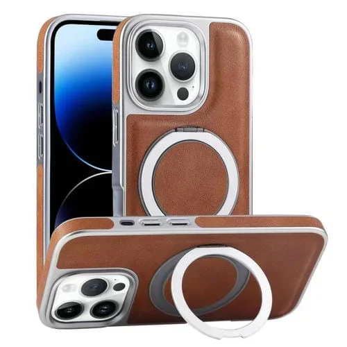 Funda para Teléfono iPhone 14 Pro Max con Soporte Magsafe Giratorio de Cuero Granulado (Marrón)