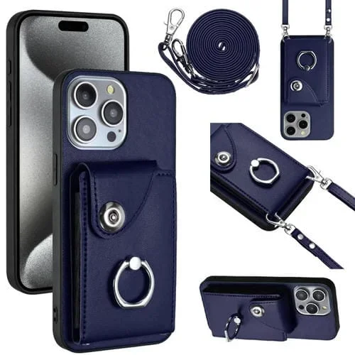 Funda para Teléfono iPhone 14 Pro Max con Soporte para Anillo y Bolsa para Tarjeta con Cordón Largo (Azul)