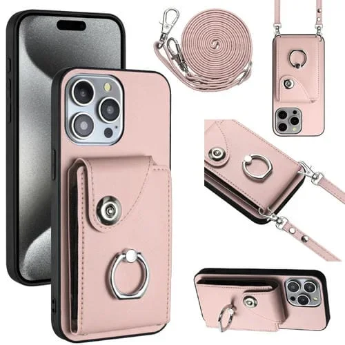 Funda para Teléfono iPhone 14 Pro Max con Soporte para Anillo y Bolsa para Tarjeta con Cordón Largo (Rosa)