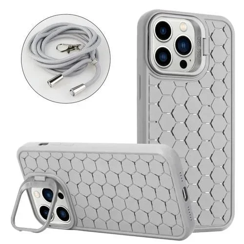 Funda para Teléfono iPhone 14 Pro Max Honeycomb Radiating Holder TPU con Cordón (Gris)