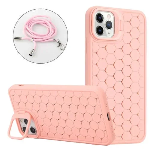 Funda para teléfono iPhone 14 Pro Max Honeycomb Radiating Lens Holder Magsafe con Cordón (Rosa)