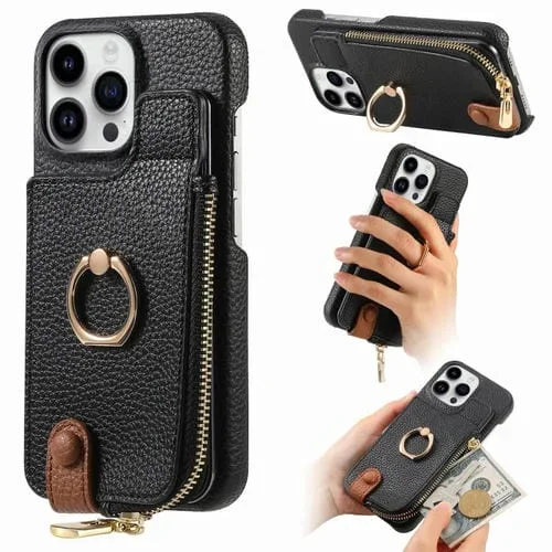 Funda para Teléfono iPhone 14 Pro Max Litchi Leather Oil Edge Ring Zipper Wallet (Negro)