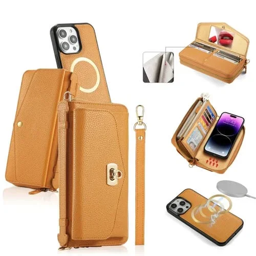 Funda para Teléfono iPhone 14 Pro Max Magsafe Cartera Multifuncional con Cremallera Cuero Litchi (Naranja)