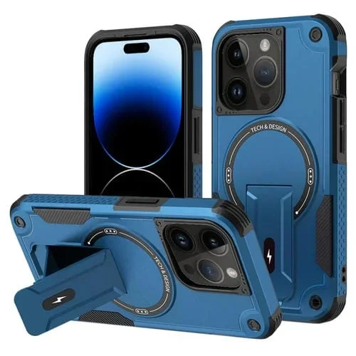 Funda para Teléfono iPhone 14 Pro Max Magsafe Holder Armor PC Hybrid TPU (Azul Oscuro)