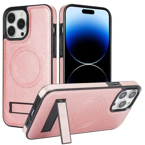 Funda para Teléfono iPhone 14 Pro Max Magsafe Soporte Invisible Cuero Retro (Oro Rosa)