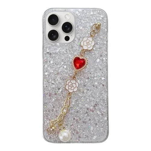 Funda para Teléfono iPhone 14 Pro Max Starry Sequin Love Gem Chain Epoxy TPU (Plata)