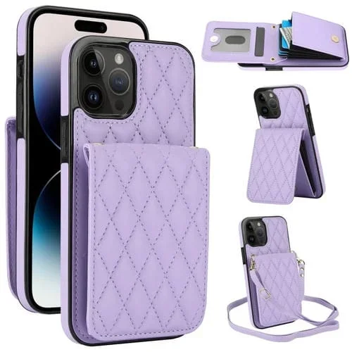 Funda para Teléfono iPhone 14 Pro Max Ym015 con Bolsa para Tarjeta Rfid Rómbica Cruzada (Púrpura Claro)