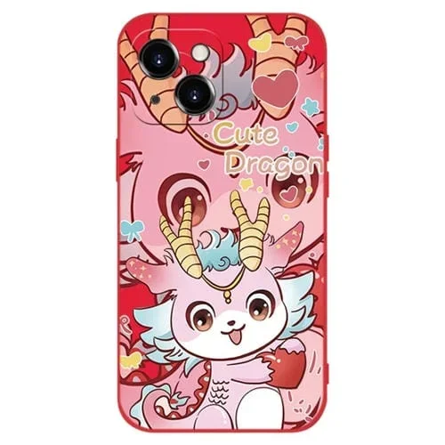 Funda para Teléfono iPhone 14 Silicona a Prueba de Golpes (Roja) Año Nuevo Lindo Dragón Rosa