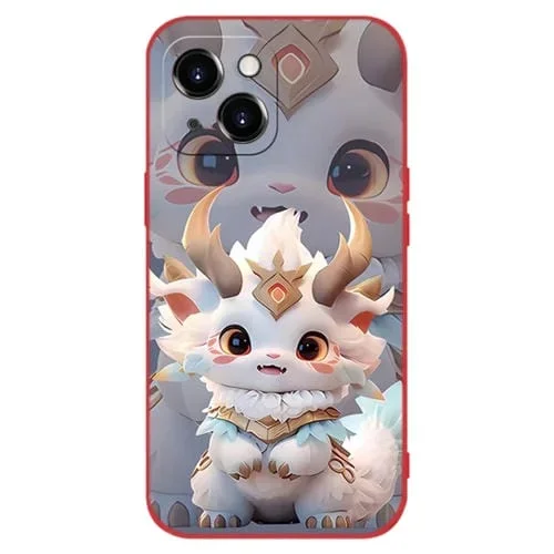 Funda para Teléfono iPhone 14 Silicona a Prueba de Golpes (Roja) (Dragón Blanco)