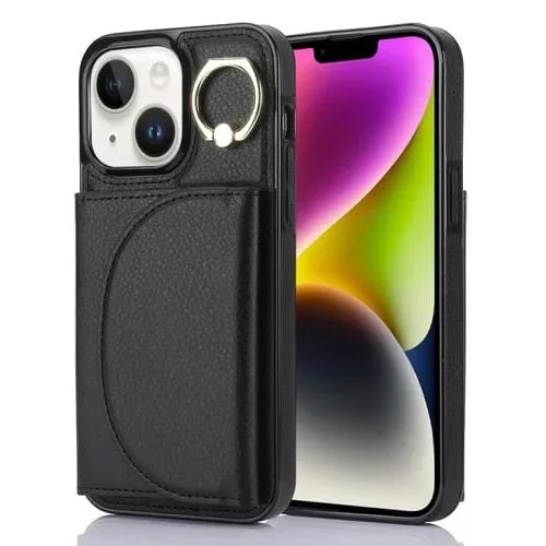 Funda para Teléfono iPhone 14 Ym006 con Soporte para Anillo y Tarjeta (Negro)