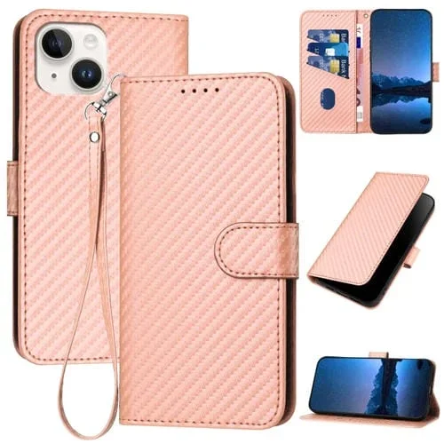 Funda para Teléfono iPhone 14 Yx0070 Cuero Hebilla Fibra de Carbono Cordón (Rosa)