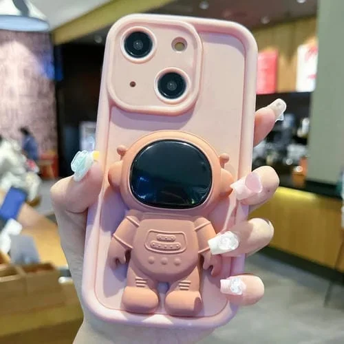 Funda para Teléfono iPhone 15 Astronaut 3D Relief Holder TPU + PC Cobertura Total (Rosa)